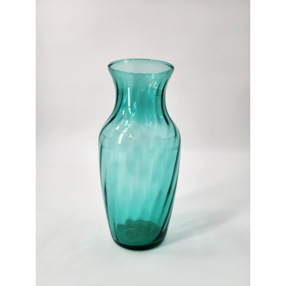 Teal Blue Glass Optic Swirl Vase 8.5 Inch Aqua Translucent Decorative Bud Vase